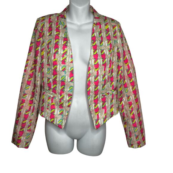 OVI Womens Cropped Blazer Open Front Pink SZ M Geometric Pattern Barbiecore - Picture 1 of 13